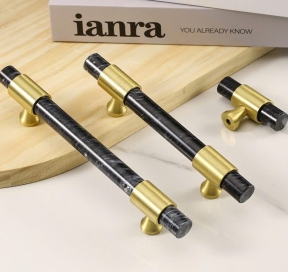 Tay nắm Đồng thau Kết Hợp đá Cẩm thạch Màu Đen   - Dạng Thanh tròn  Đế Đồng Thau Vát