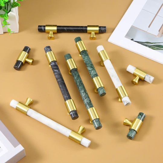 Tay nắm Đồng thau Kết Hợp đá Cẩm thạch   - Dạng Thanh tròn  + Đế Đồng Thau dạng Vát