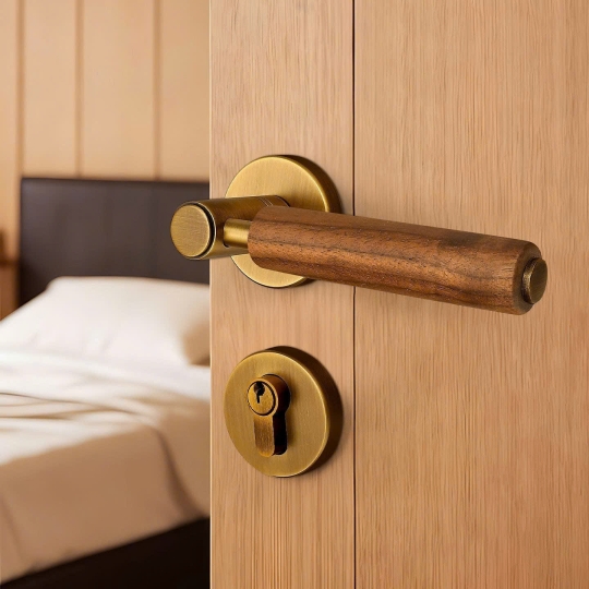 Khoá cửa Phân thể  Đồng Thau Kết hợp Tay cầm Gỗ Walnut -  Mã 72F2122