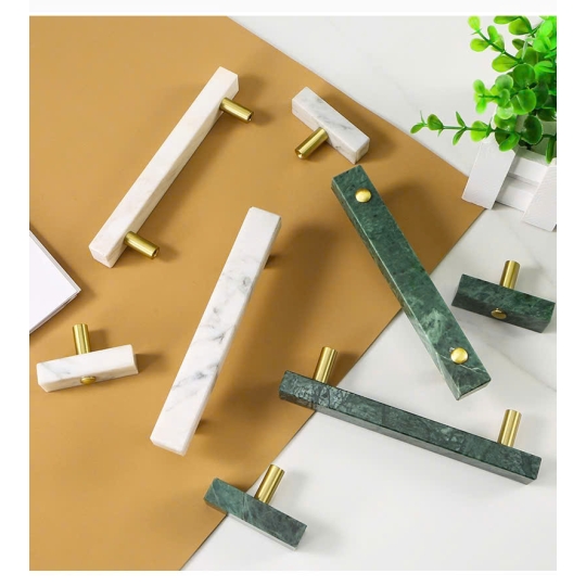 Tay nắm Đồng thau Kết Hợp đá Cẩm thạch MàuTrắng  - Dạng Thanh Vuông 