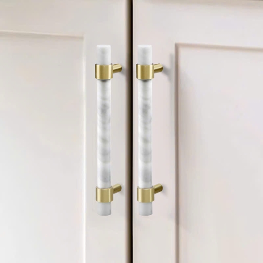 Tay nắm Đồng thau Kết Hợp đá Cẩm thạch Màu Trắng  - Dạng Thanh tròn 