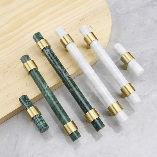 Tay nắm Đồng thau Kết Hợp đá Cẩm thạch Màu Trắng  - Dạng Thanh tròn 