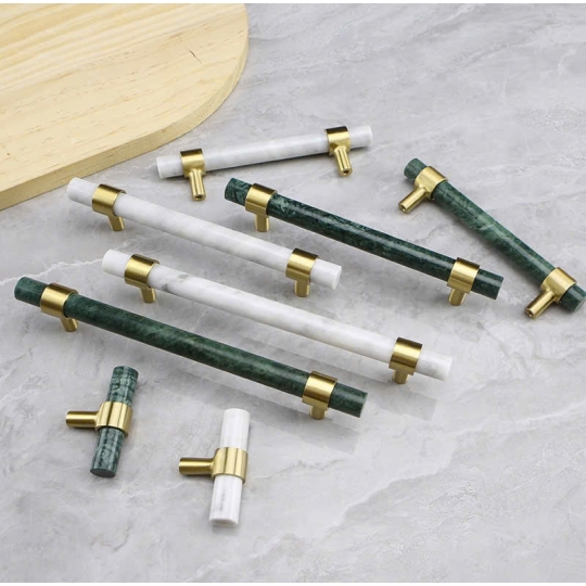 Tay nắm Đồng thau Kết Hợp đá Cẩm thạch Màu Xanh  - Dạng Thanh tròn 