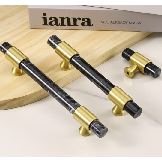 Tay nắm Đồng thau Kết Hợp đá Cẩm thạch Màu Đen   - Dạng Thanh tròn  Đế Đồng Thau Vát