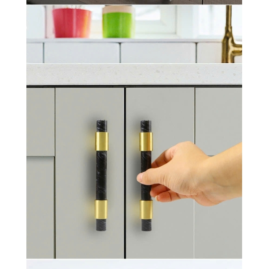 Tay nắm Đồng thau Kết Hợp đá Cẩm thạch Màu Đen   - Dạng Thanh tròn  Đế Đồng Thau Vát