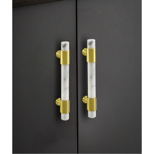 Tay nắm Đồng thau Kết Hợp đá Cẩm thạch   - Dạng Thanh tròn  + Đế Đồng Thau dạng Vát