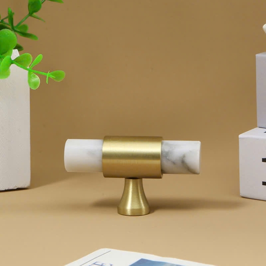 Tay nắm Đồng thau Kết Hợp đá Cẩm thạch   - Dạng Thanh tròn  + Đế Đồng Thau dạng Vát