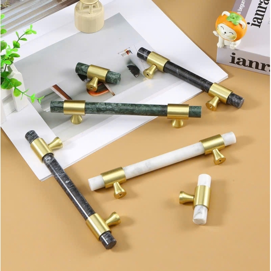 Tay nắm Đồng thau Kết Hợp đá Cẩm thạch   - Dạng Thanh tròn  + Đế Đồng Thau dạng Vát