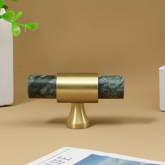 Tay nắm Đồng thau Kết Hợp đá Cẩm thạch   - Dạng Thanh tròn  + Đế Đồng Thau dạng Vát